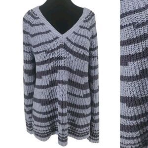 J. Jill Large | Chunky Knit Slate Blue Navy Stripe Sweater 100% Cotton Cottage